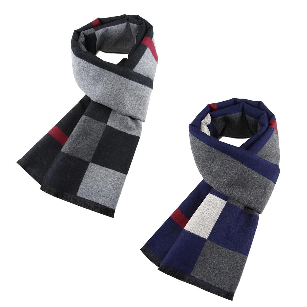 9303 2 Packs Cashmere Feel Scarf for Winter, Lattice Grid Plaid Stripe